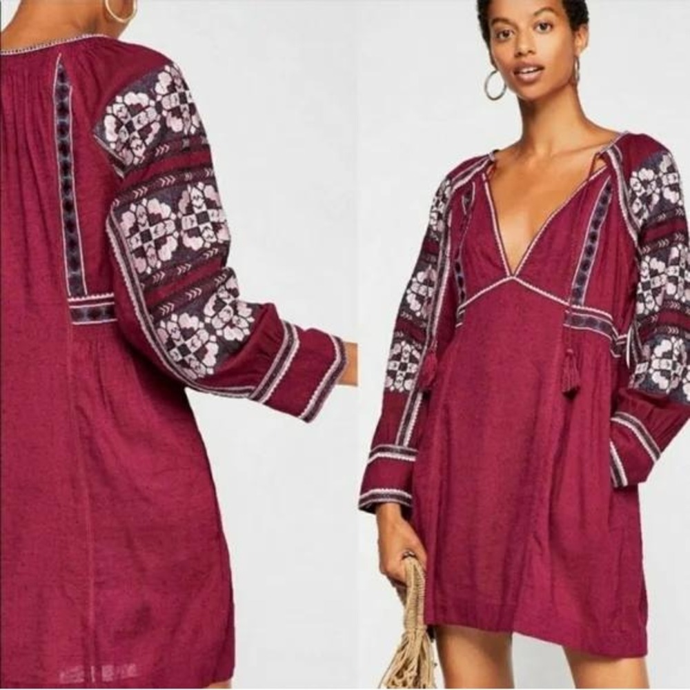 Free People  Embroidered‎ Tassel Tunic Burgundy L Boho Haute Hippie Beachy